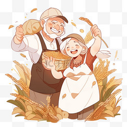 秋天丰收场景图片_农民夫妇开心的拿着秋天丰收的粮