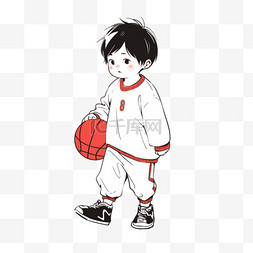 素描人物图片_卡通简约线条人物小男孩拿着篮球