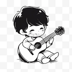 卡通弹吉他的男孩图片_卡通简约线条人物坐地上弹吉他的