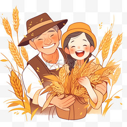 农民夫妇开心的抱着丰收的麦子元