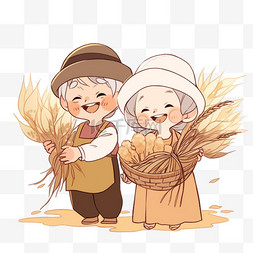 卡通农民夫妇图片_农民夫妇开心的拿着丰收的粮食卡