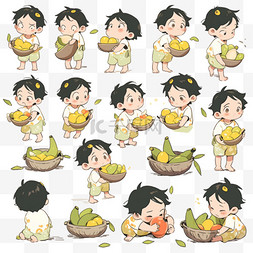 孩子吃着丰收的芒果卡通手绘元素