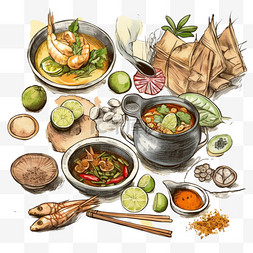 手绘菜肴美食图片_泰国菜食物美食手绘线稿