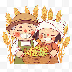 卡通农民夫妇图片_秋天农民夫妇开心的拿着丰收的粮