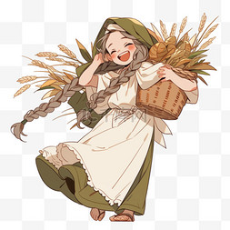 农民拿着麦穗图片_女孩开心的拿着秋收的粮食卡通元