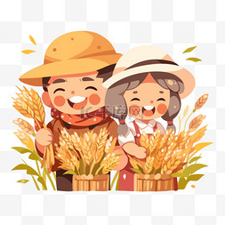农民夫妇图片_卡通手绘秋天农民夫妇开心的拿着