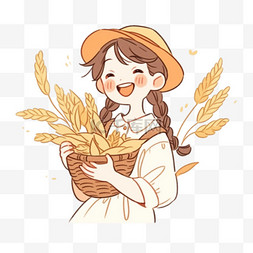 女孩开心的拿着秋收的农作物手绘