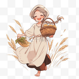 女孩开心的拿着秋收的农作物卡通