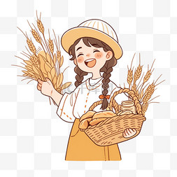 卡通秋收图片_女孩开心的拿着秋收的农作物元素