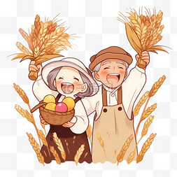 卡通农民夫妇图片_秋天农民夫妇开心的拿着丰收的粮