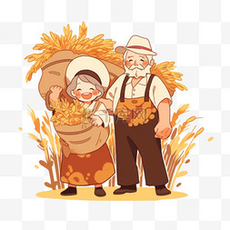 卡通农民夫妇图片_农民夫妇开心的拿着丰收的粮食手