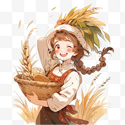 农民拿着麦穗图片_秋收开心的手绘人物拿着丰收的果