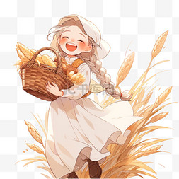 丰收的农民图片_女孩开心的拿着秋收的麦田卡通手