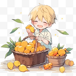 可爱的孩子吃着丰收的芒果卡通手