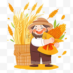 秋天金黄色背景图片_元素手绘秋天丰收的农民丰收场景