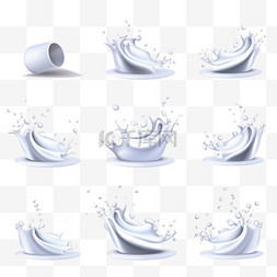 液体牛奶状图片_牛奶溅起波插图。3D真实感向量集