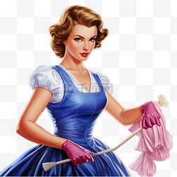 围裙和手套里拿着扫帚的女人做清