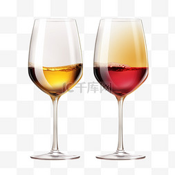 将透明玻璃杯与白葡萄酒和红葡萄