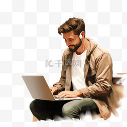 膝上型图片_有电话的年轻人使用膝上型计算机