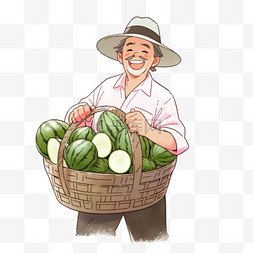 拿着丰收的西瓜的农民开心的笑通