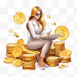 坐在一堆金币上分析财务的女商人