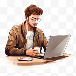 在笔记本电脑上工作和喝咖啡的男