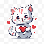 可爱的猫用爱心手势手绘卡通插图。动物自然概念孤立。平面卡通风格