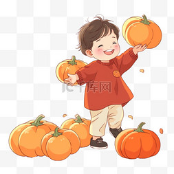 秋季可爱图片_可爱的孩子拿着南瓜手绘卡通元素