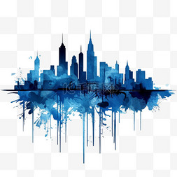 城市商务楼背景图片_城市天际线插图，蓝色城市剪影。