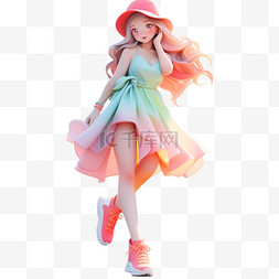 时尚风格人物图片_多巴胺3D立体人物红色帽子少女