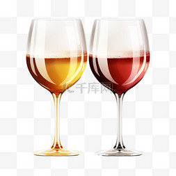 将透明玻璃杯与白葡萄酒和红葡萄