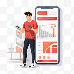 手机红色图片_站在统计数据的红色手机旁边的男
