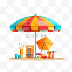 在度假沙滩图片_海滩伞与海滩配件在白天夏季户外