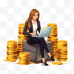 坐在一堆金币上分析财务状况的女
