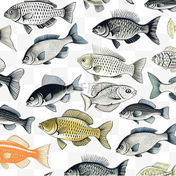高级纹理图片_手绘鱼无缝背景图案。
