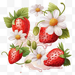 整颗和半颗草莓，带花、叶子和奶油、牛奶或酸奶。