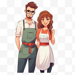 厨师卡通厨师图片_可爱的情侣咖啡师在围裙站着双臂