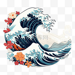 风景画矢量图片_日本风格的波浪。海浪、海浪拍打