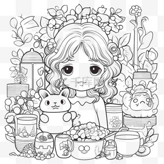 手绘卡哇伊涂色书插图