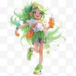 多巴胺3D立体人物绿色长发小女孩