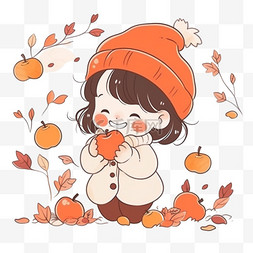 秋季吃柿子的孩子卡通手绘元素