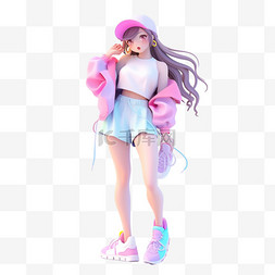 时尚风格人物图片_多巴胺3D立体人物戴棒球帽的少女