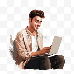 膝上型图片_有电话的年轻人使用膝上型计算机