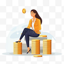 坐在一堆金色硬币上的商业顾问女