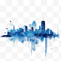 城市天际线插图，蓝色城市剪影。