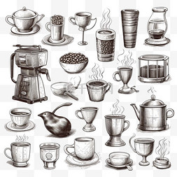 咖啡机杯子咖啡豆图片_一套咖啡元素和咖啡配饰