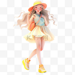 时尚橙色图片_多巴胺3D立体人物橙色帽子少女