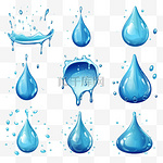 卡通蓝色的水滴、水花、水花和泪水。液体流动、波浪、溪流和水坑。自然水运动形状向量集。雨滴、液体飞溅的图解