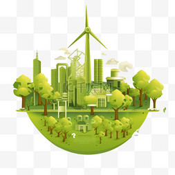 自然绿色环保图片_绿色树木、核电站和风车的生态信