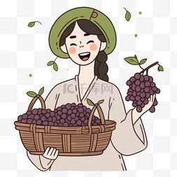 卡通元素秋天女人一筐丰收的葡萄